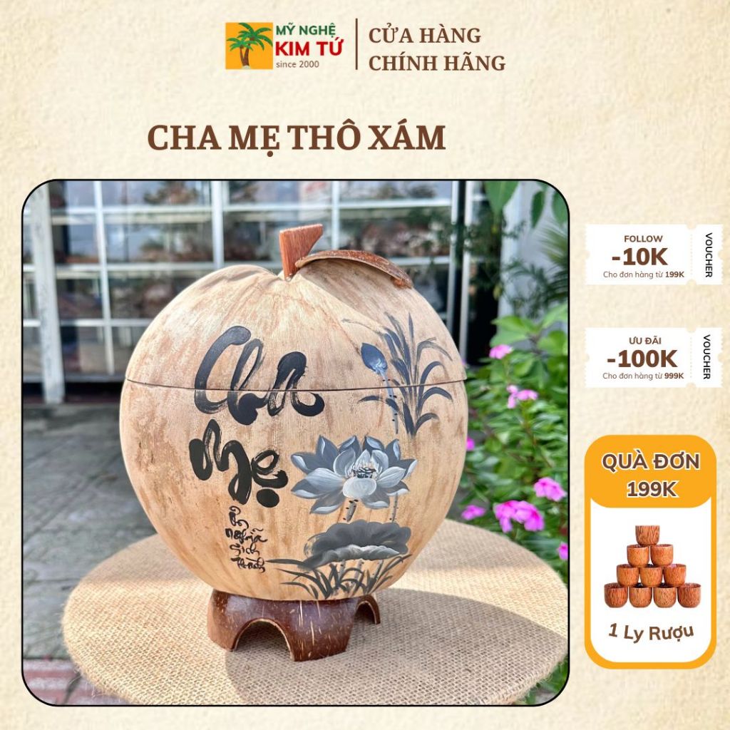[ SIZE 800ML - 1000ML ] Bình Ủ Trái Dừa Vẽ Thư Pháp Mẫu CHA MẸ THÔ XÁM Giữ Nhiệt Ấm Trà Cao Cấp, Trang Trí Bàn Trà Sang