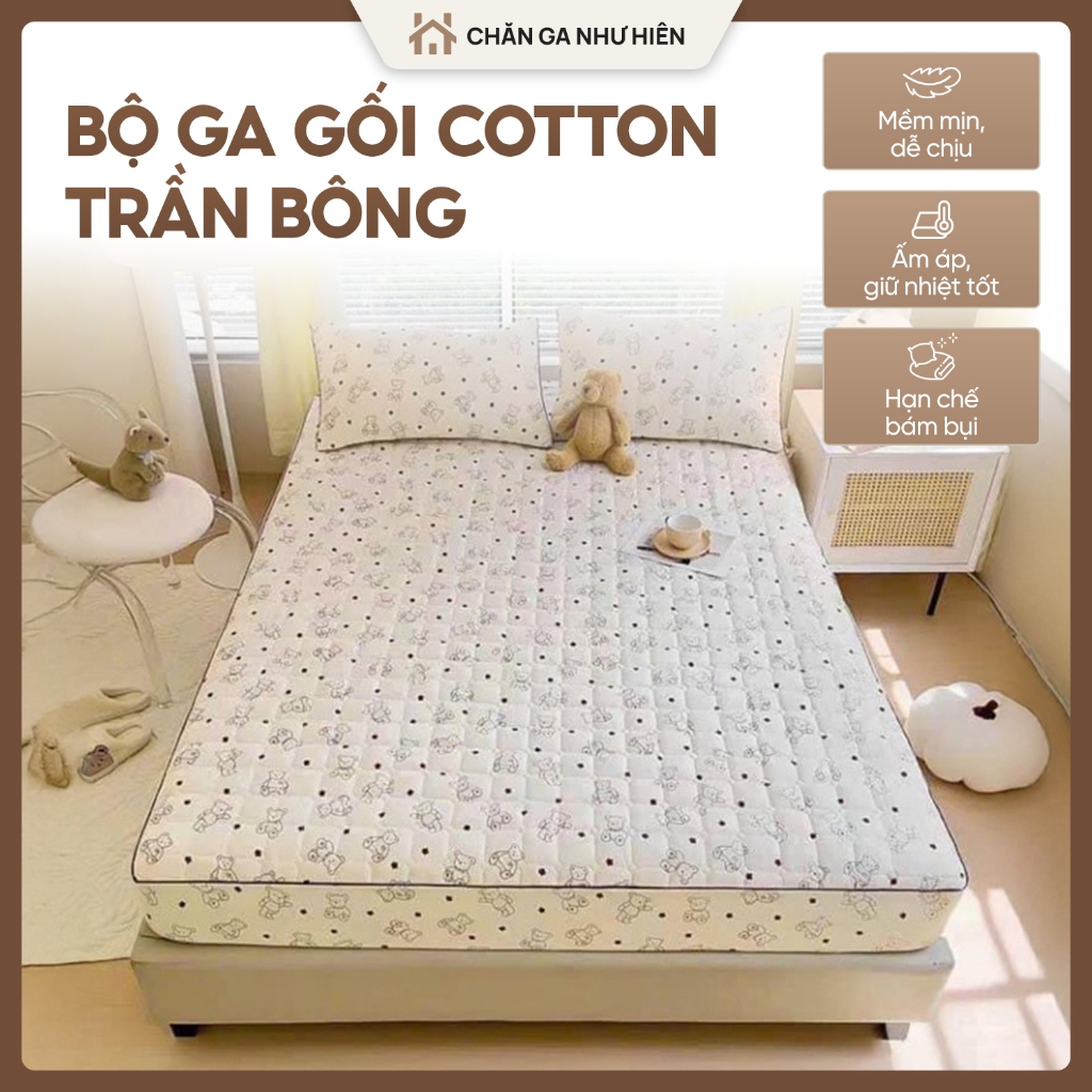 Bộ Ga Gối Trần Bông 3 Món Cotton Đũi Dệt Bông Xơ Đậu Lành – Mềm Mịn Thoáng Mát Full Size