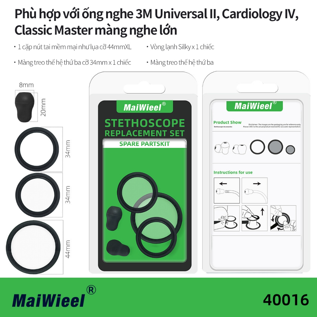 MaiWieel Bộ Phụ Kiện Ống Nghe 40001 -Thay Thế Màng, Ron, Núm Tai Mềm Nút Tai & Eartips Chuyên Dụng