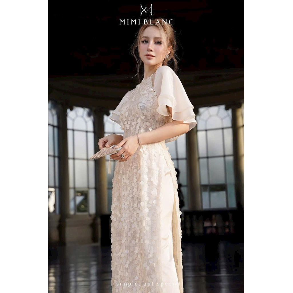Áo dài kim sa vảy tròn cổ yếm tay voan bèo Mimi Blanc