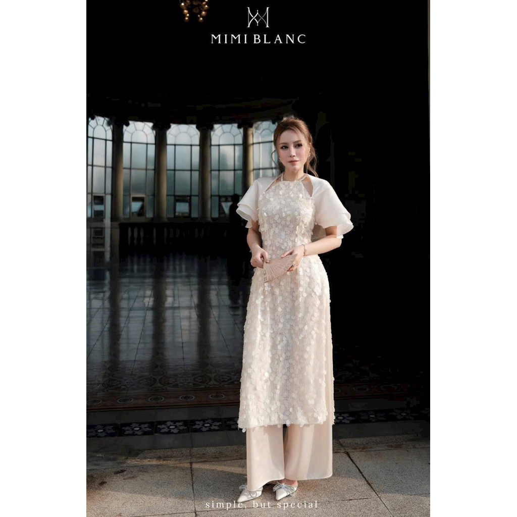 Áo dài kim sa vảy tròn cổ yếm tay voan bèo Mimi Blanc