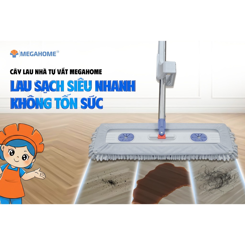 [HỎA TỐC] Cây Lau Nhà Tự Vắt Không Cần Giặt Tay Lau Siêu Nhẹ Bản Lau 45cm MEGAHOME, Kéo Rút Vắt Xả Nước, Tấm Lau San Hô