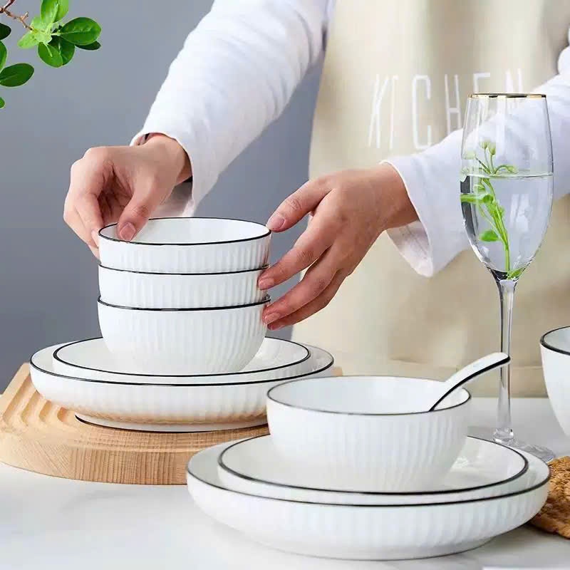 Bát Đĩa Viền Đen Vân Sọc Gốm Sứ Cao Cấp - Bộ bát đĩa tô sứ trắng sọc đẹp sang trọng