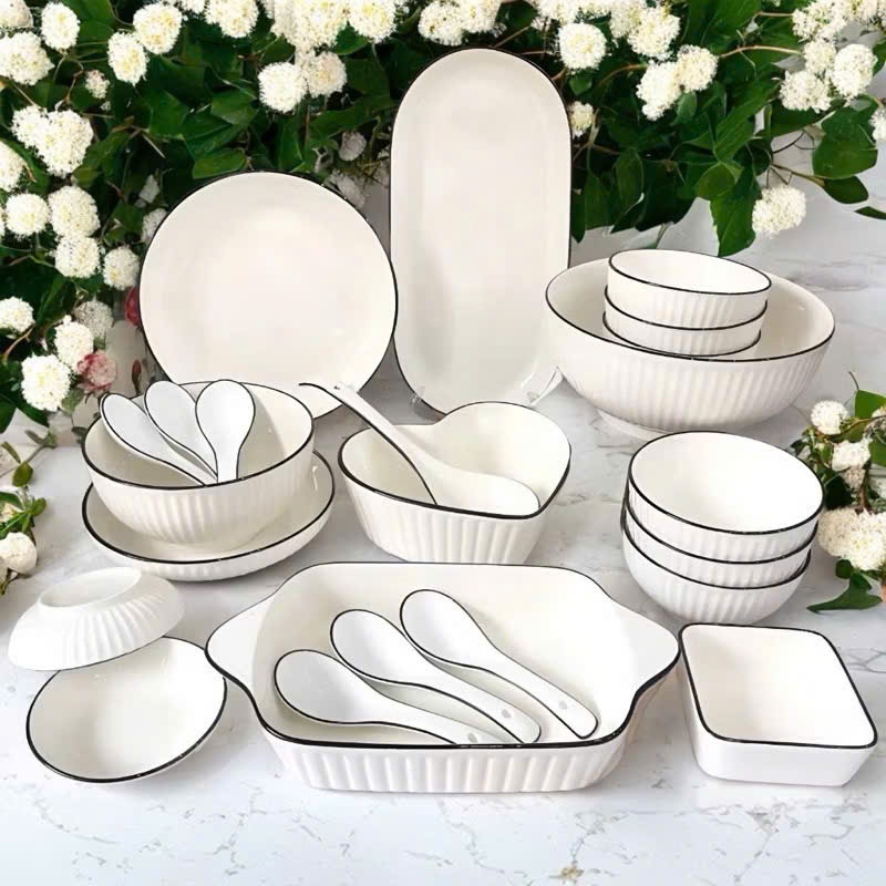 Bát Đĩa Viền Đen Vân Sọc Gốm Sứ Cao Cấp - Bộ bát đĩa tô sứ trắng sọc đẹp sang trọng