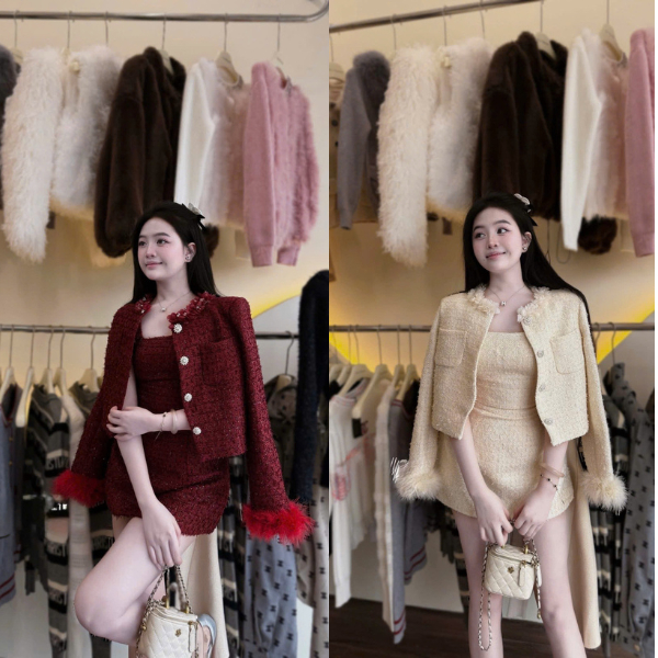 ZIMM STORE-Set tweed nữ thiết kế tinh tế form chuẩn tôn dáng phối lông tay