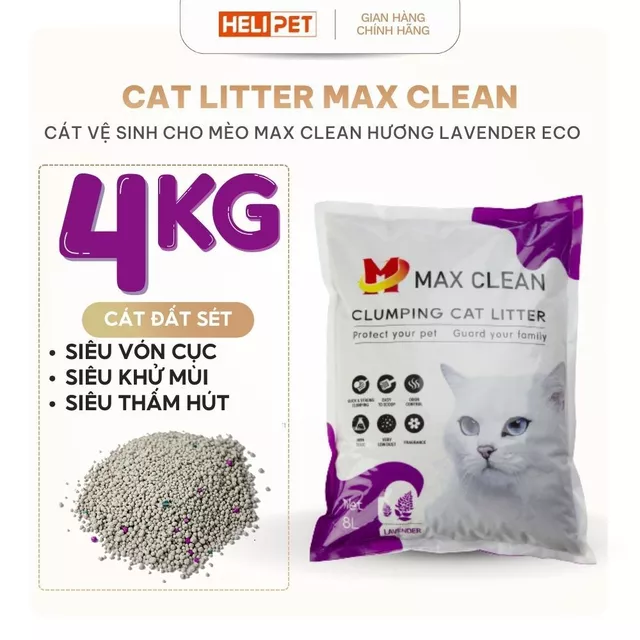 Cát Vệ Sinh Dùng Cho Khay Vệ Sinh, Máy Vệ Sinh Cho Mèo Max Clean Hương Lavender 4Kg Siêu Vón Siêu Ít Bụi