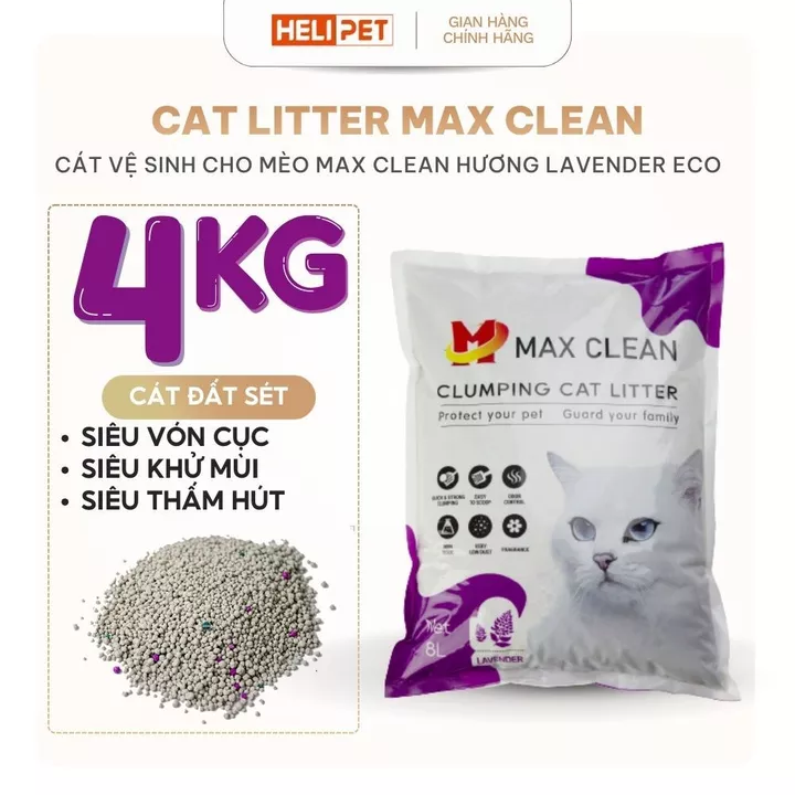 Cát Vệ Sinh Dùng Cho Khay Vệ Sinh, Máy Vệ Sinh Cho Mèo Max Clean Hương Lavender 4Kg Siêu Vón Siêu Ít Bụi