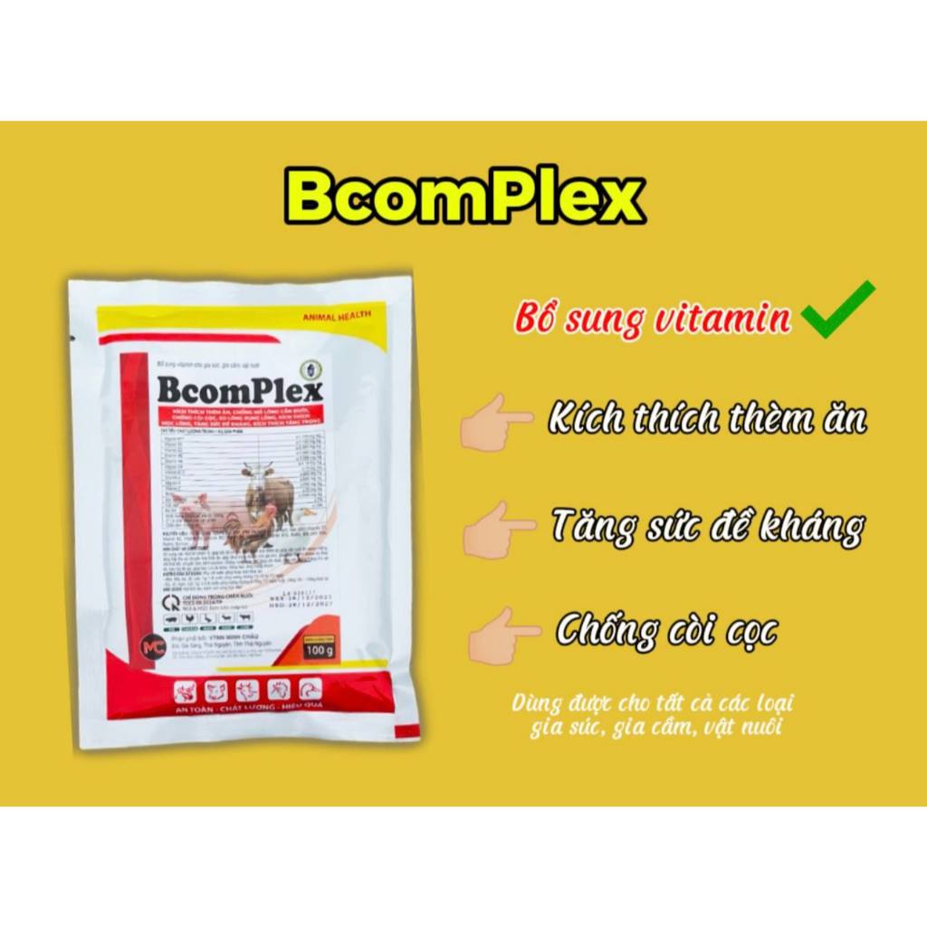 (Mua 5 Tăng 1 Mua 10 Tặng 2) BCOMPLEX – VITAMIN TỔNG HỢP CHO GIA SÚC, GIA CẦM (100 Gram)Chống rụng lông – xù lông – c.ắn