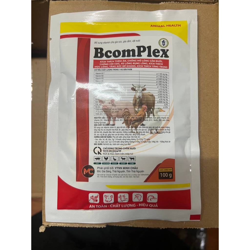 BCOMPLEX – VITAMIN TỔNG HỢP CHO GIA SÚC, GIA CẦM (100 Gram) Chống rụng lông – xù lông – c.ắn đuôi tăng lớn cho vật nuôi