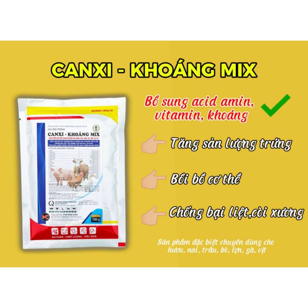 CANXI KHOÁNG MIX 100 Gram Giải pháp bổ sung khoáng – vitamin toàn diện cho gia súc, gia cầm