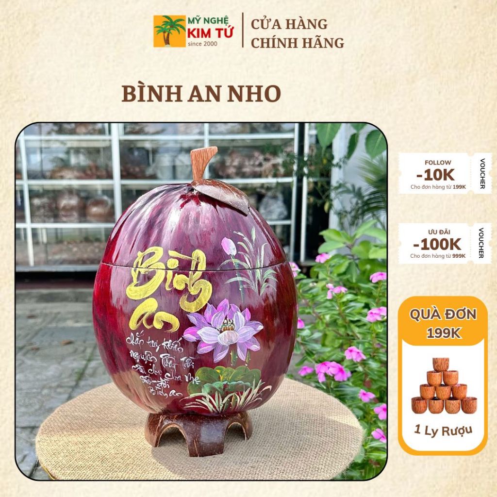 [ SIZE 800ML - 1000ML ] Bình Ủ Trái Dừa Vẽ Thư Pháp Mẫu BÌNH AN NHO VÀNG Giữ Nhiệt Ấm Trà Cao Cấp, Trang Trí Bàn Trà
