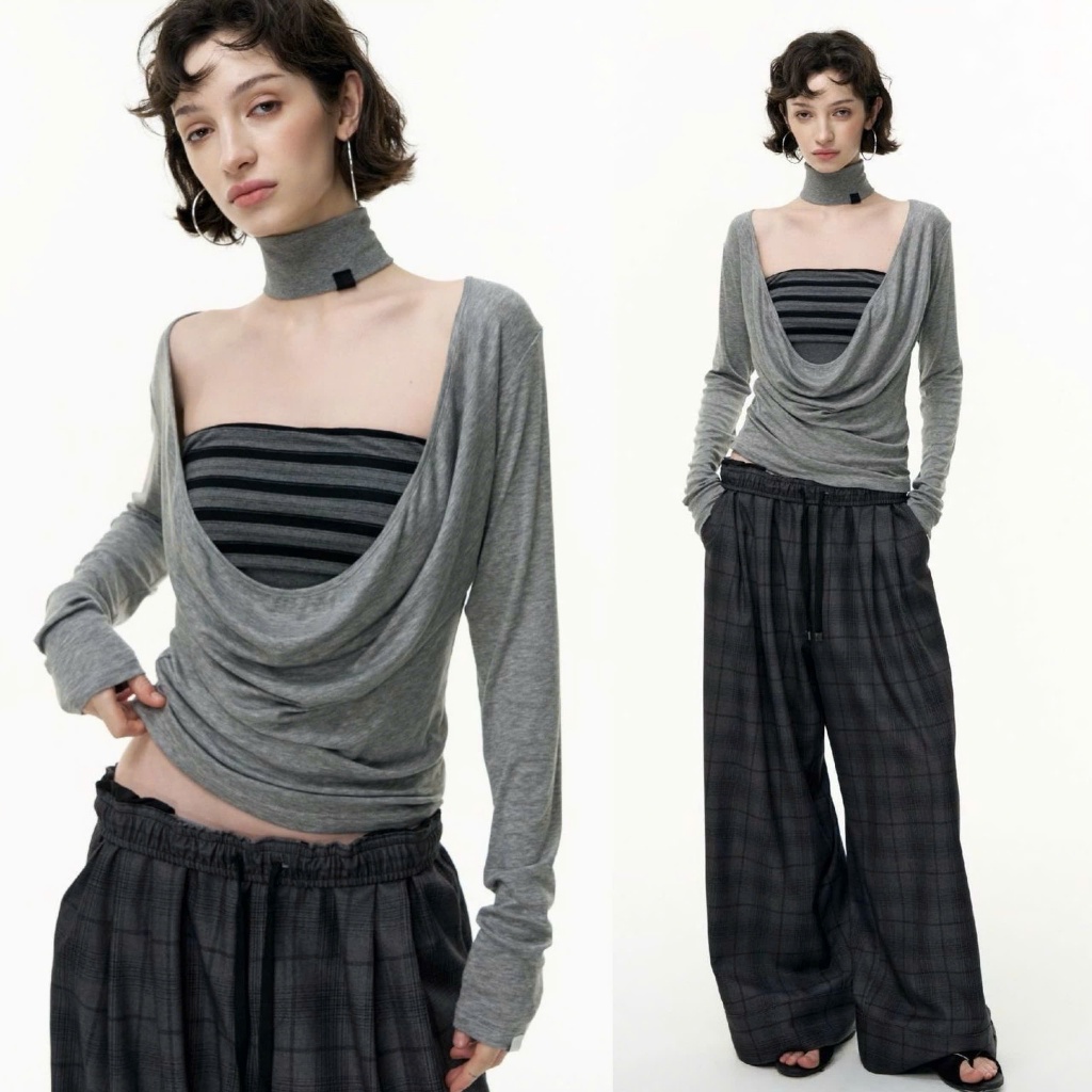 Áo thun cotton màu ghi cổ rộng layer lớp áo kẻ ngang tặng kèm choker thời trang nữ ATDT075 - Tiktik