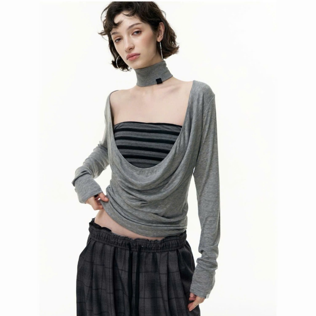 Áo thun cotton màu ghi cổ rộng layer lớp áo kẻ ngang tặng kèm choker thời trang nữ ATDT075 - Tiktik