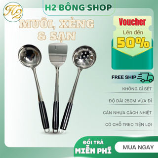Combo 3 dụng cụ nấu ăn, Vá sạn xẻng inox cán nhựa đen cao cấp siêu bền