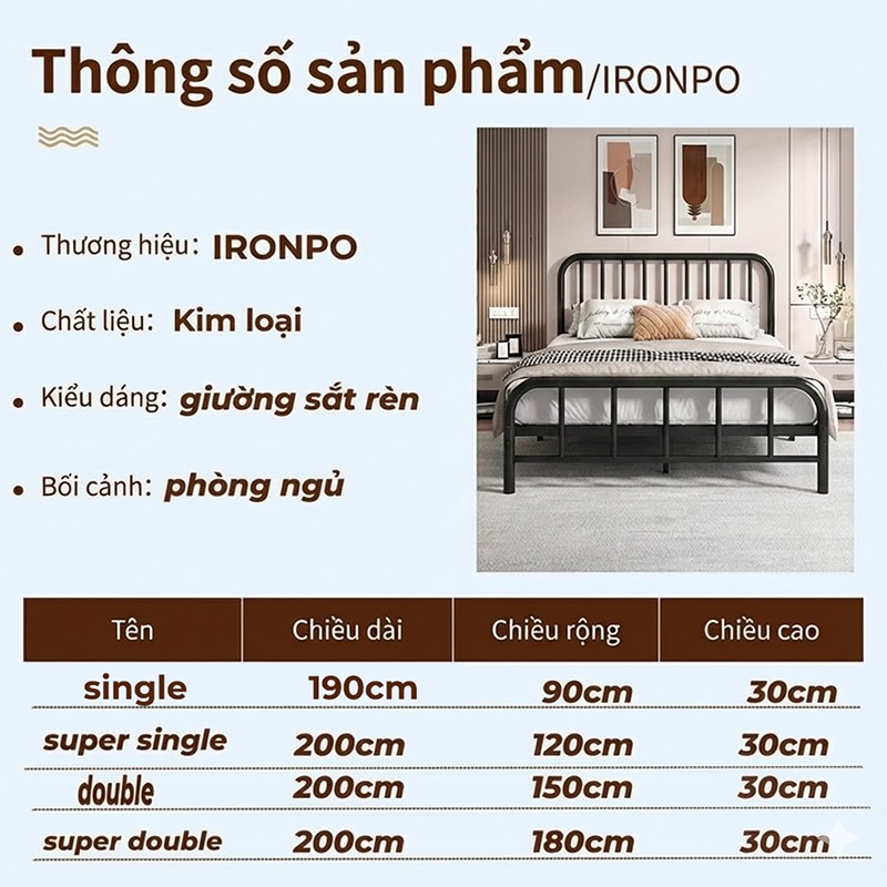 Khung giường sắt Giường sắt rèn Khung Giường thép nặng Gia cố và làm dày1m/1m2/1m5/1m8Nhiều kích cỡ