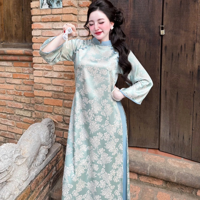 [SẴN HÀNG-HỎA TỐC]Set áo dài nữ Tết thiết kế hiện đại chất liệu gấm in họa tiết tay lỡ(Size 40-52kg)
