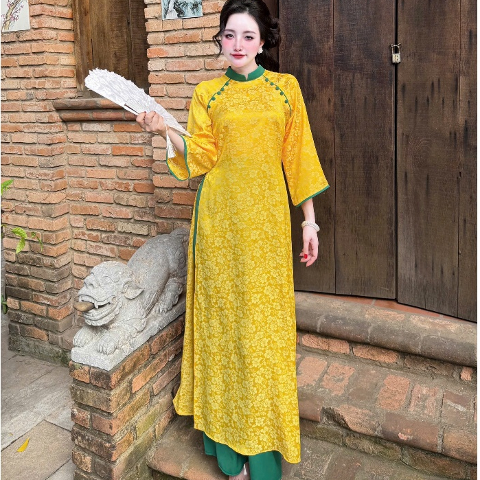 [SẴN HÀNG-HỎA TỐC]Set áo dài nữ Tết thiết kế hiện đại chất liệu gấm in họa tiết tay lỡ(Size 40-52kg)