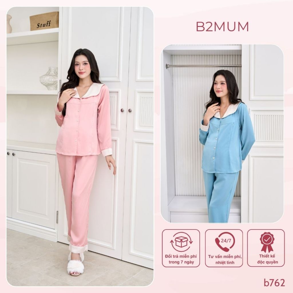 Bộ bầu mặc nhà Lụa Latin cao cấp mềm mát thấm hút mồ hôi, Quần có túi có chun cúc điều chỉnh b762
