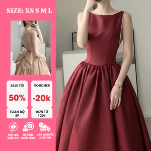 Đầm Xòe Dài Tapta Cao Cấp Hở Lưng Đính Nơ Đỏ Nâu – Váy Dự Tiệc Sang Trọng CHIC-SKIRT-STYLE