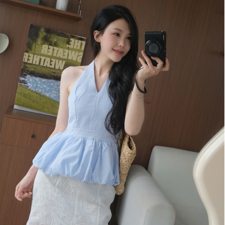 Áo Cổ Yếm Nữ BABEE Hoạ Tiết Bo Chun Xoè Dáng Bí Hở Lưng Mềm Mịn Kiểu Dáng Sang Trọng Quyến Rũ