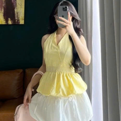 Áo Cổ Yếm Nữ BABEE Hoạ Tiết Bo Chun Xoè Dáng Bí Hở Lưng Mềm Mịn Kiểu Dáng Sang Trọng Quyến Rũ