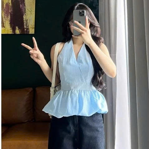 Áo Cổ Yếm Nữ BABEE Hoạ Tiết Bo Chun Xoè Dáng Bí Hở Lưng Mềm Mịn Kiểu Dáng Sang Trọng Quyến Rũ