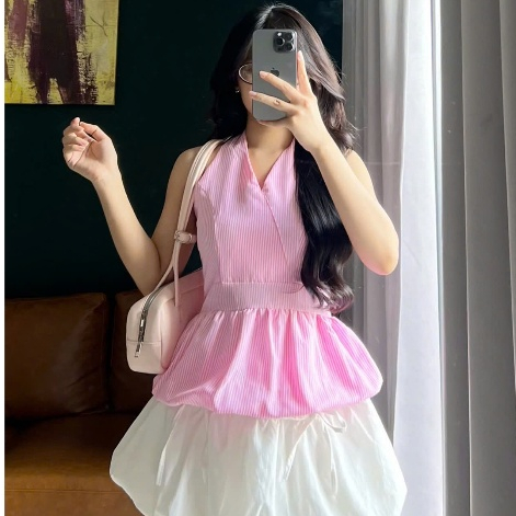 Áo Cổ Yếm Nữ BABEE Hoạ Tiết Bo Chun Xoè Dáng Bí Hở Lưng Mềm Mịn Kiểu Dáng Sang Trọng Quyến Rũ