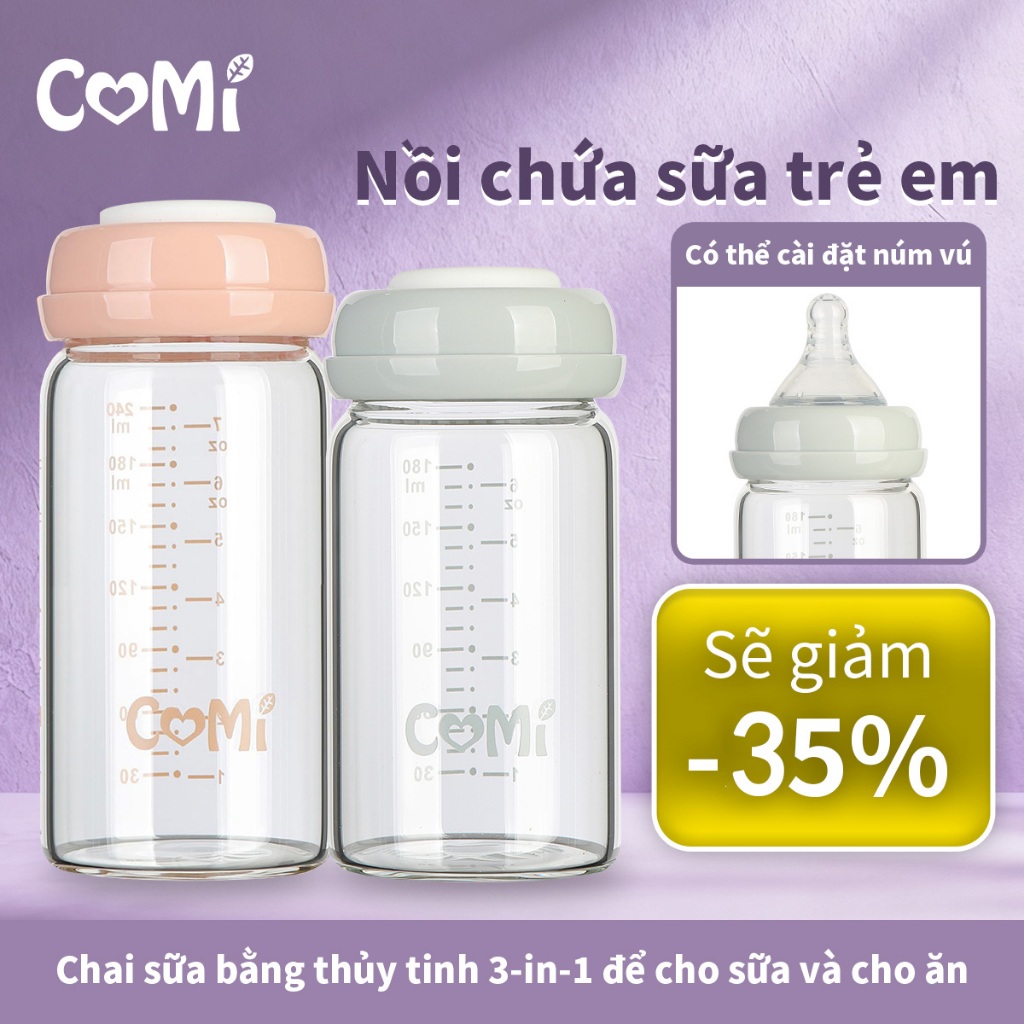 COMI Bình Thủy Tinh Trữ Sữa Cho Bé Dung 180ml Bình bảo quản sữa mẹ chuyên dụng Cổ rộng  Có thể kết nối với máy hút sữa