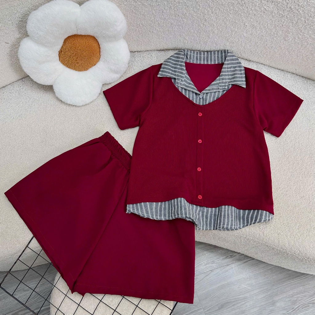 Set Áo Thun Phối Cổ Sơ Mi + Quần Đùi Vải Tây Dáng A Bigsize Nữ – Che Bụng, Gọn Đùi A338+Q500