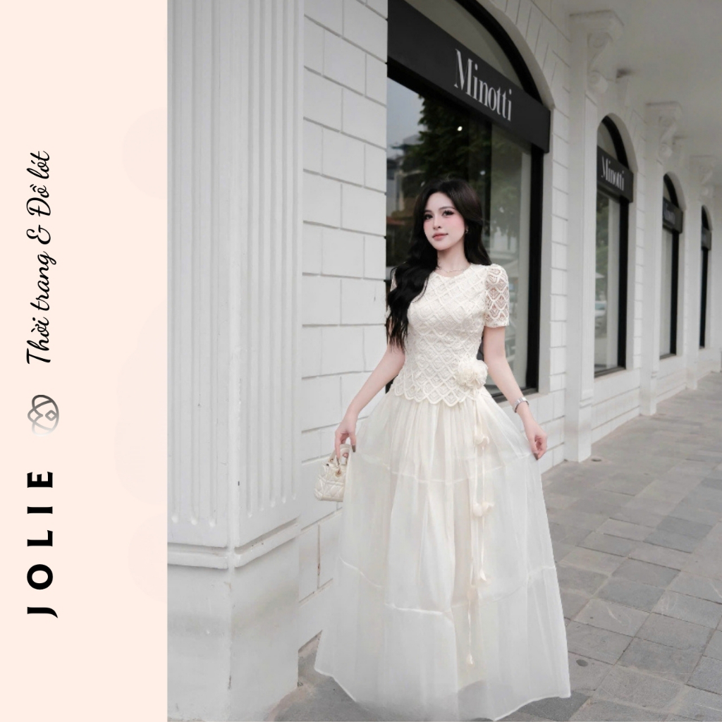 Set Váy JOLIE Phối Ren Nổi - Đầm Xòe Công Chúa Dáng Dài Tiểu Thư Sang Trọng Đi Tiệc, Đi Làm, Chụp Ảnh