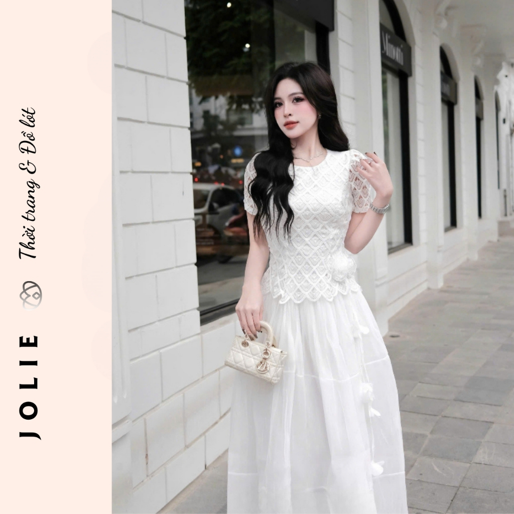 Set Váy JOLIE Phối Ren Nổi - Đầm Xòe Công Chúa Dáng Dài Tiểu Thư Sang Trọng Đi Tiệc, Đi Làm, Chụp Ảnh