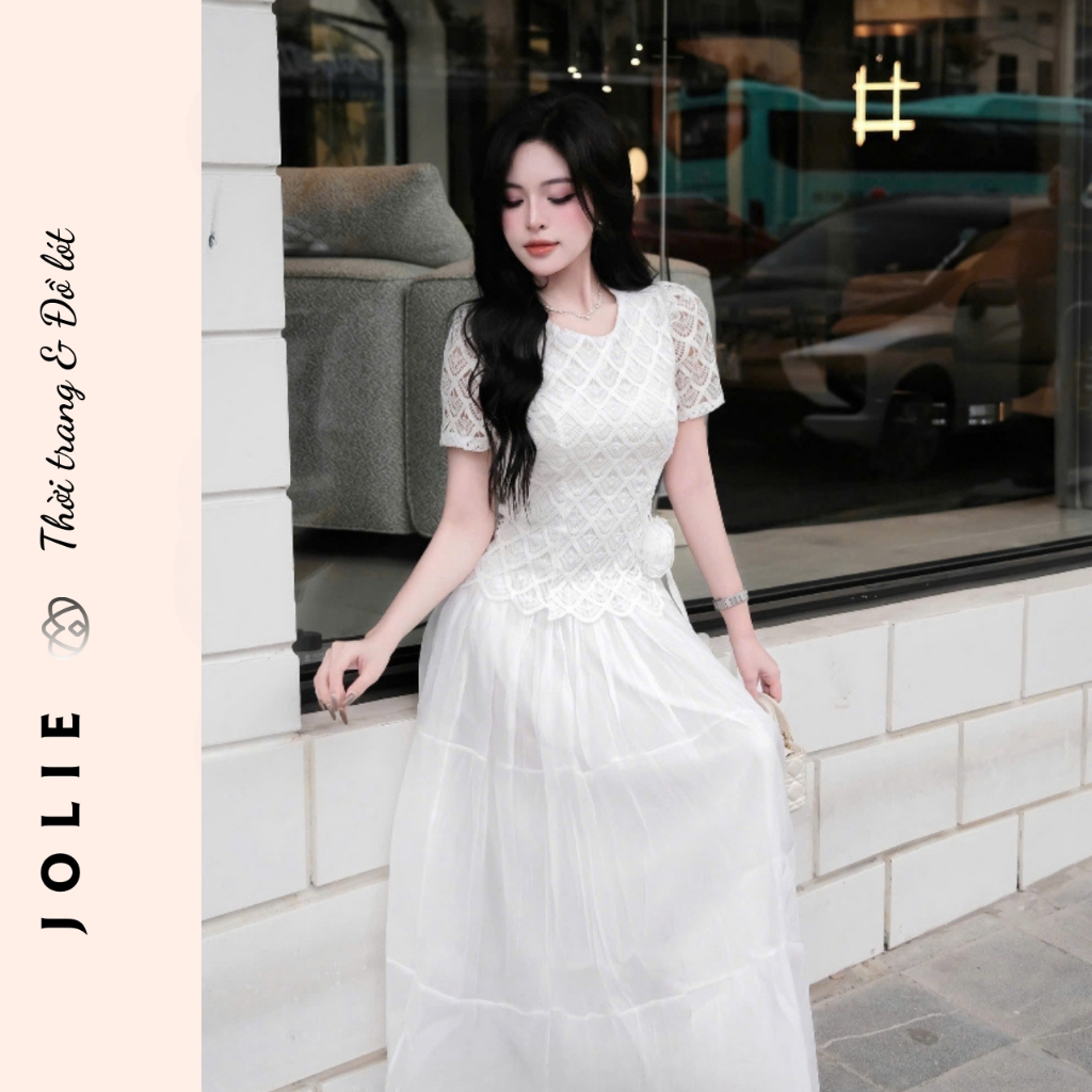Set Váy JOLIE Phối Ren Nổi - Đầm Xòe Công Chúa Dáng Dài Tiểu Thư Sang Trọng Đi Tiệc, Đi Làm, Chụp Ảnh