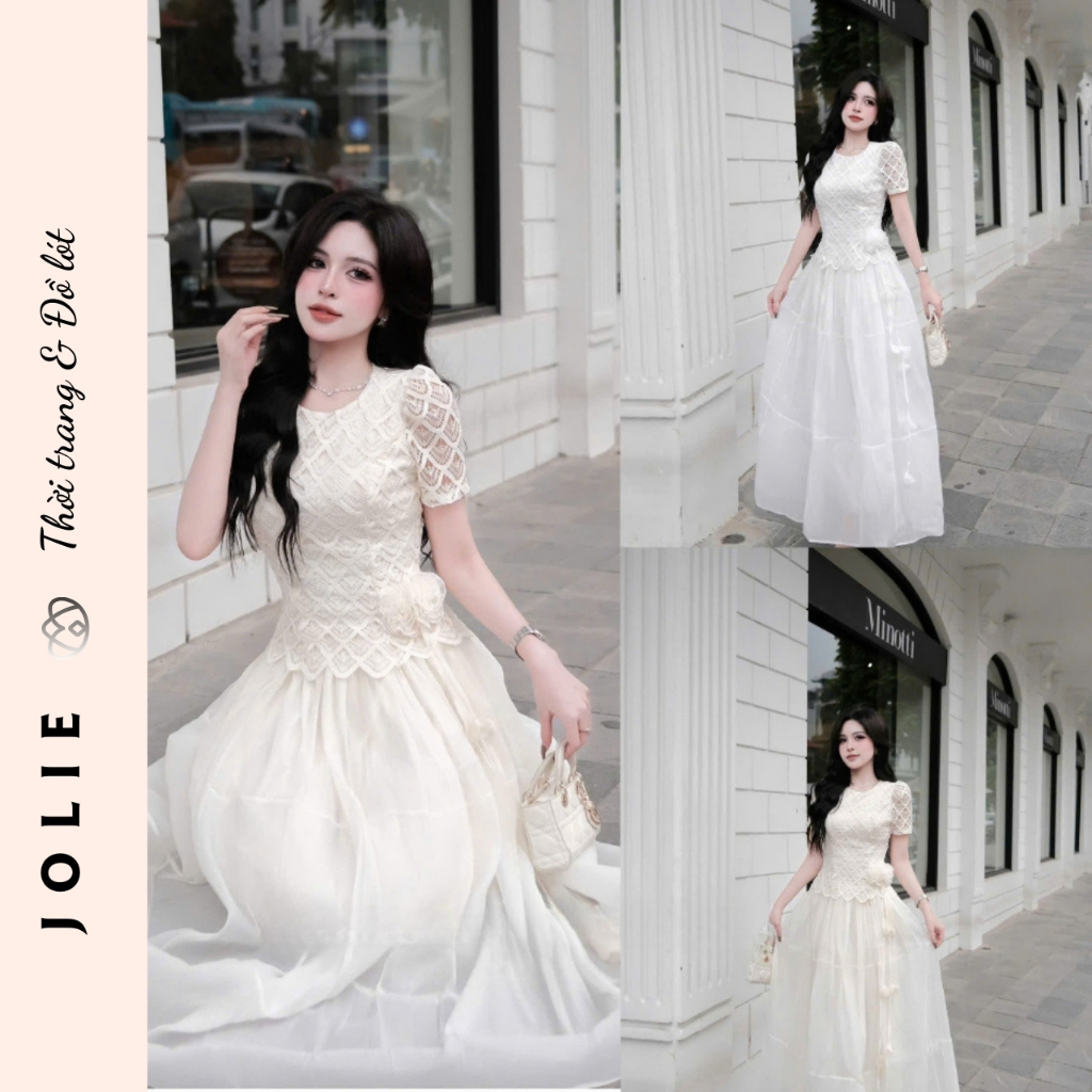 Set Váy JOLIE Phối Ren Nổi - Đầm Xòe Công Chúa Dáng Dài Tiểu Thư Sang Trọng Đi Tiệc, Đi Làm, Chụp Ảnh