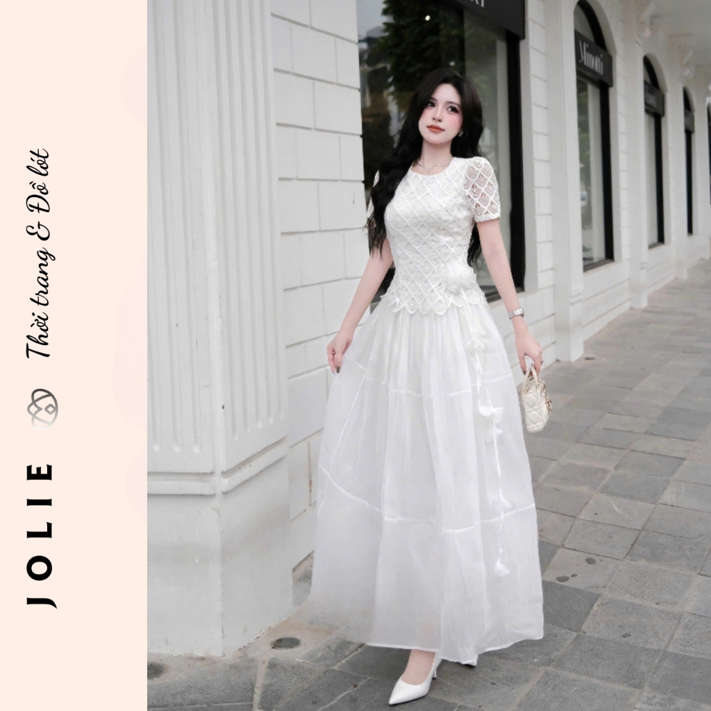 Set Váy JOLIE Phối Ren Nổi - Đầm Xòe Công Chúa Dáng Dài Tiểu Thư Sang Trọng Đi Tiệc, Đi Làm, Chụp Ảnh
