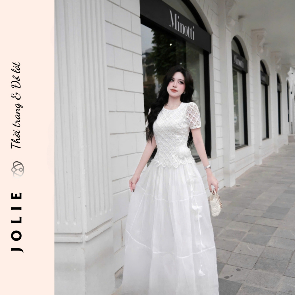 Set Váy JOLIE Phối Ren Nổi - Đầm Xòe Công Chúa Dáng Dài Tiểu Thư Sang Trọng Đi Tiệc, Đi Làm, Chụp Ảnh