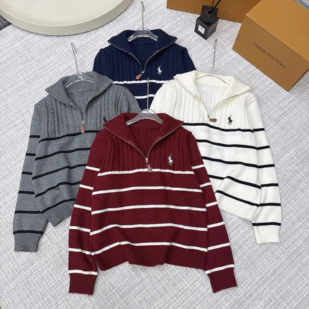 Áo polo ngựa kéo khóa họa tiết kẻ ngang hàng QC A061