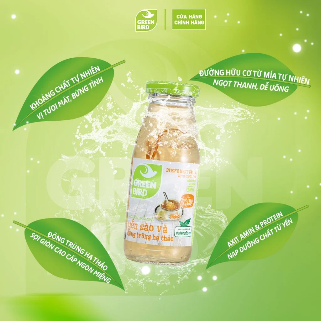 Lốc 10 Chai Nước Yến Đông Trùng Hạ Thảo Green Bird Tăng Cường Sức Khỏe - Chai 185ml