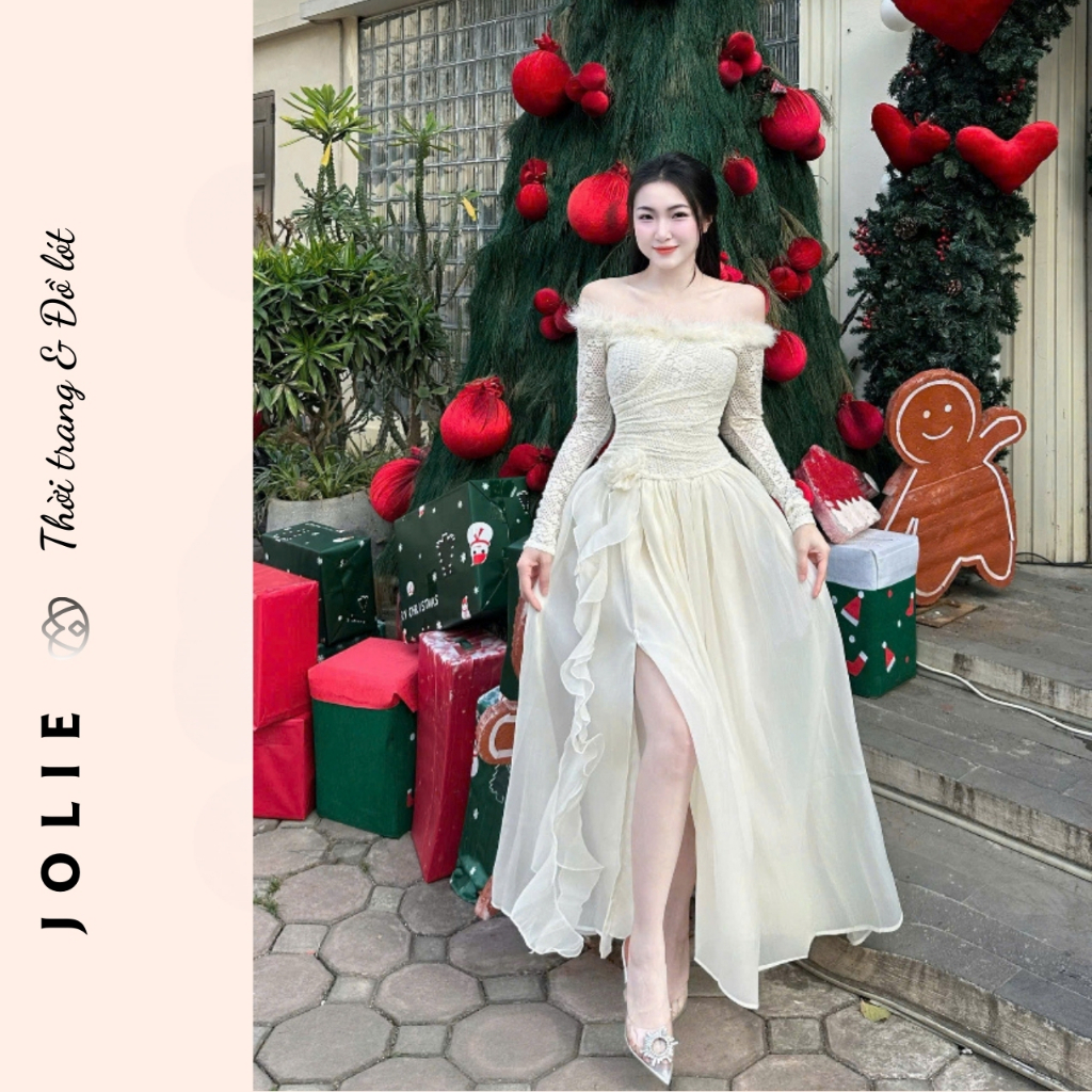 Đầm Dạ Hội JOLIE Lệch Vai Cao Cấp - Váy Công Chúa Dáng Dài Kết Hoa Thủ Công Sang Trọng Dự Tiệc Cưới, Sự Kiện