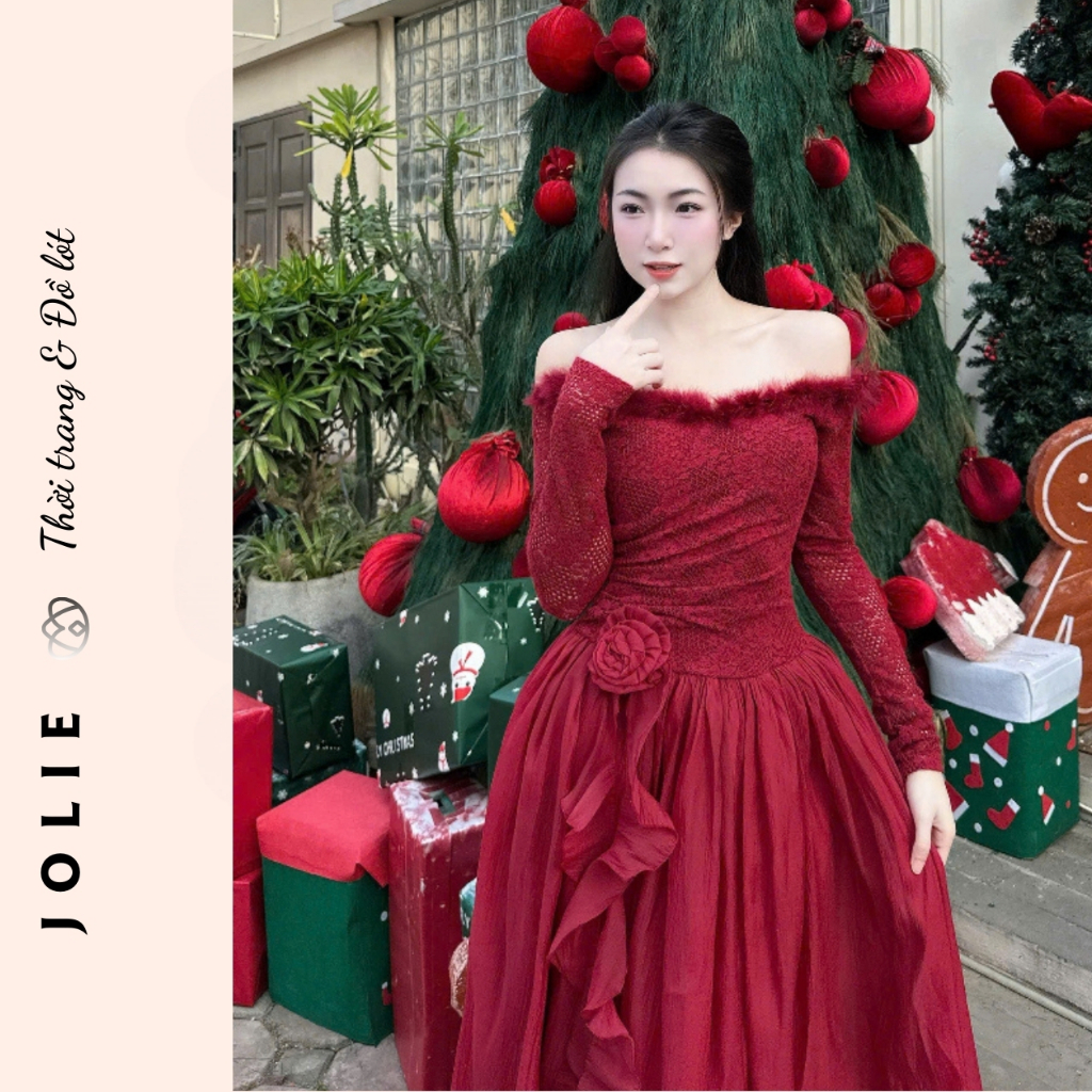 Đầm Dạ Hội JOLIE Lệch Vai Cao Cấp - Váy Công Chúa Dáng Dài Kết Hoa Thủ Công Sang Trọng Dự Tiệc Cưới, Sự Kiện