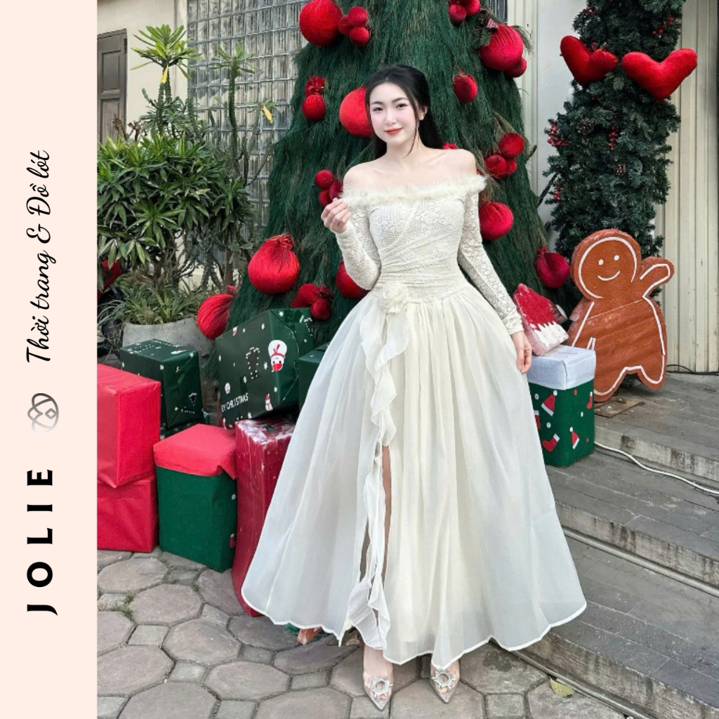 Đầm Dạ Hội JOLIE Lệch Vai Cao Cấp - Váy Công Chúa Dáng Dài Kết Hoa Thủ Công Sang Trọng Dự Tiệc Cưới, Sự Kiện