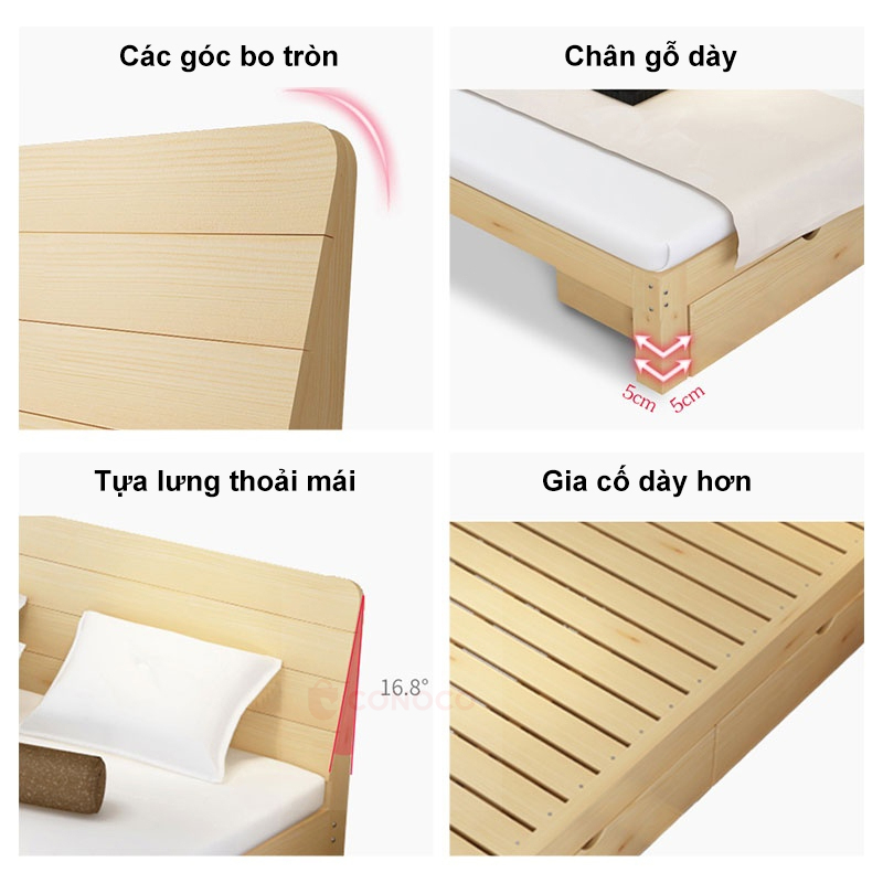 Giường Gỗ Thông CONOCO Chịu Lực Tốt Khung Dày Chống Mối Mọt Decor Phòng Ngủ 1m2 1m5 1m8