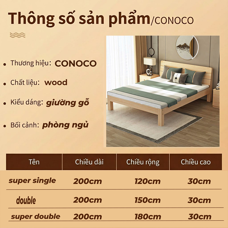 Giường Gỗ Thông CONOCO Chịu Lực Tốt Khung Dày Chống Mối Mọt Decor Phòng Ngủ 1m2 1m5 1m8