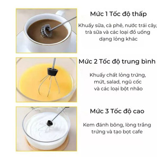 Máy Đánh Trứng Cầm Tay Mini - Máy Tạo Bọt Cafe 3 Tốc Độ Sạc Điện, Kèm 2 Đầu Đánh Inox 304 Đa Năng