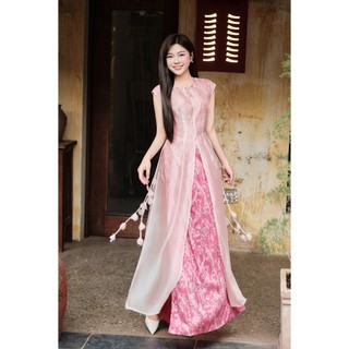 [LAMER X PHƯƠNG ANH ĐÀO] Áo Dài Cách Tân Phúc Hoa (Không Quần) Dáng Ôm Vai Chờm 5 Tà Cổ Tròn LAMER S61A25Q013