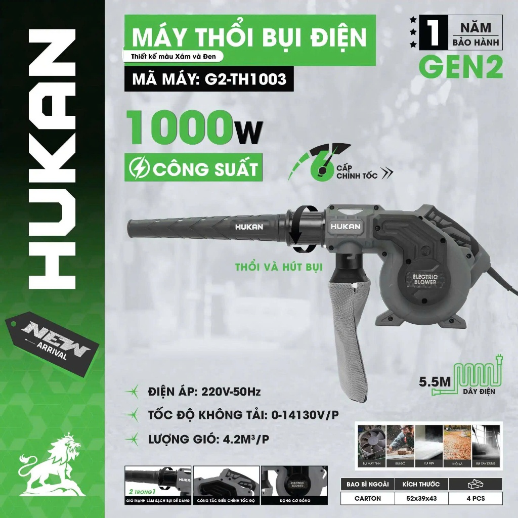 Máy Thổi Hút Bụi 2 Trong 1 HUKAN G2-TH1003, Công Suất Lớn 1000w, 6 Cấp Chỉnh Tốc Độ - Motor Đồng