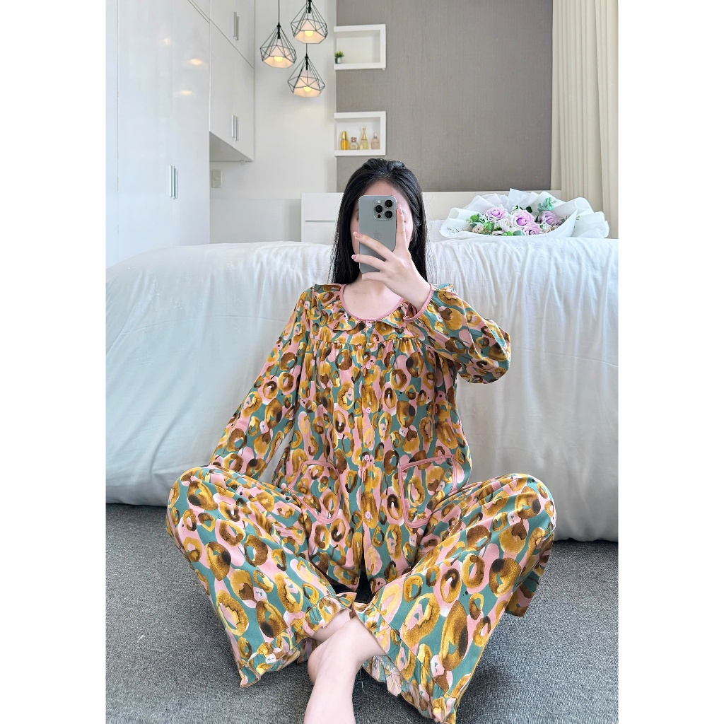Đồ Bộ Tole Nữ Dài Tay Cổ Bèo 2 Túi Xinh Mặc Nhà, Đồ Ngủ Nữ Tole