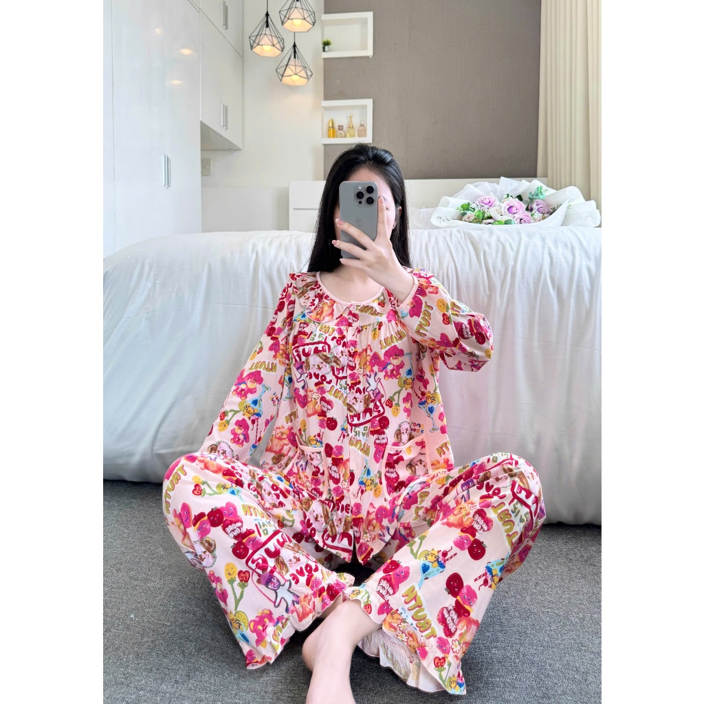 Đồ Bộ Tole Nữ Dài Tay Cổ Bèo 2 Túi Xinh Mặc Nhà, Đồ Ngủ Nữ Tole