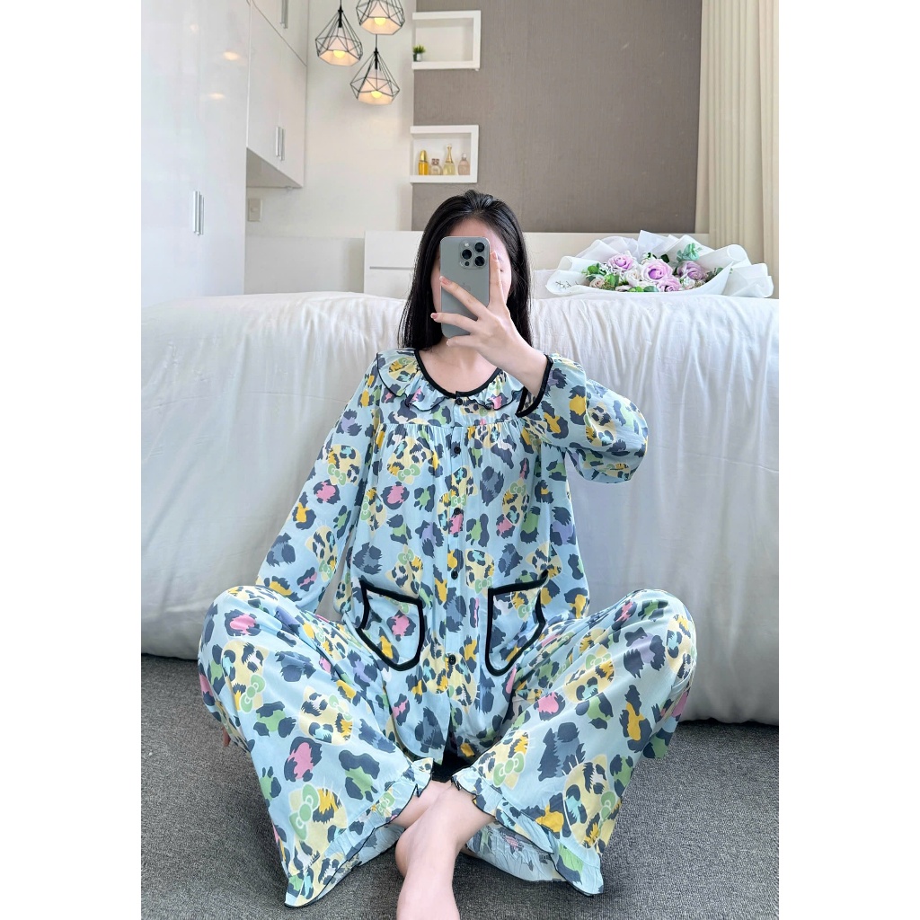 Đồ Bộ Tole Nữ Dài Tay Cổ Bèo 2 Túi Xinh Mặc Nhà, Đồ Ngủ Nữ Tole
