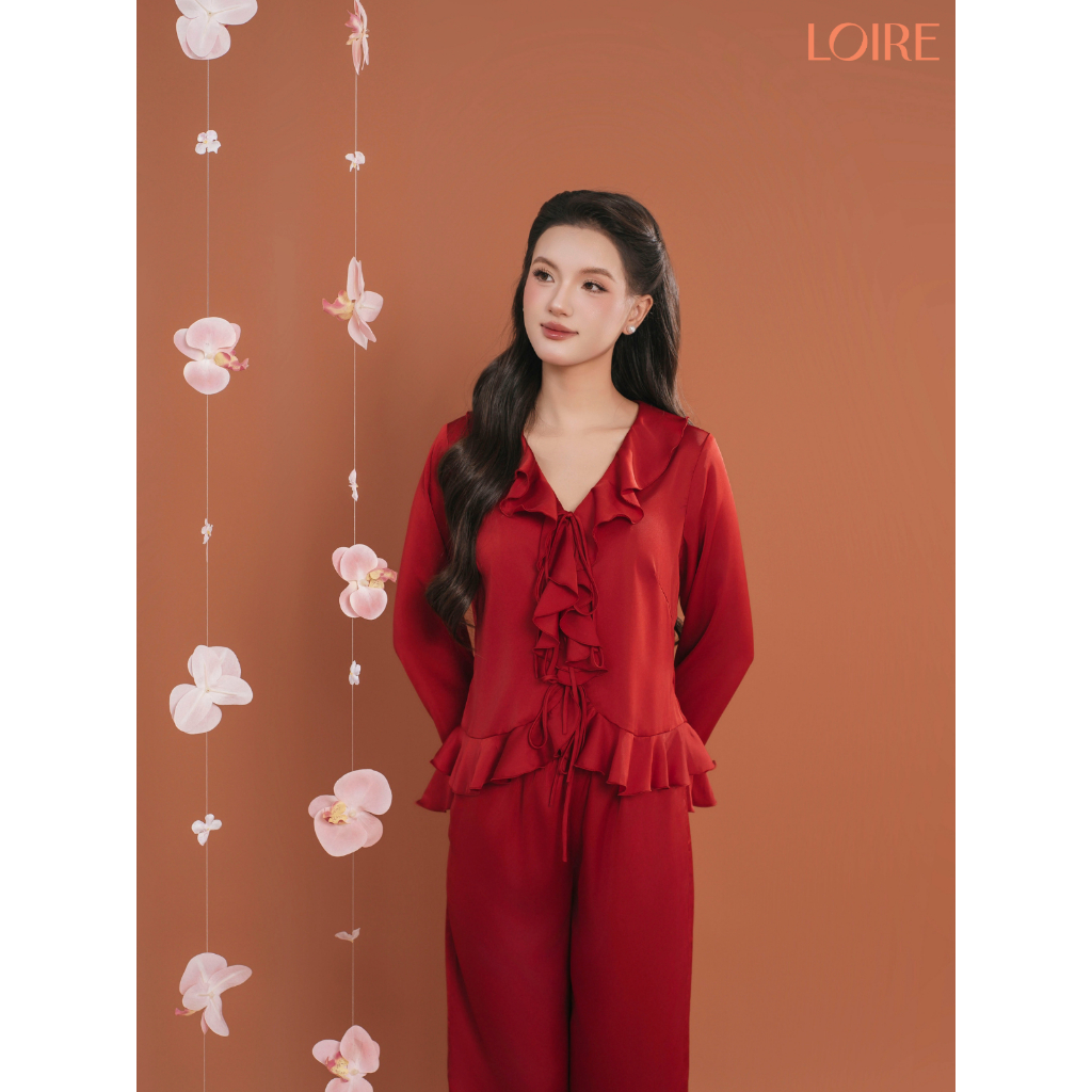[AN ÊM]Bộ Mặc Nhà Hải Đường Loire FDMN250331 Lụa Pháp Cao Cấp Set Dài Tay Phối Bèo Nhún Thắt Nơ