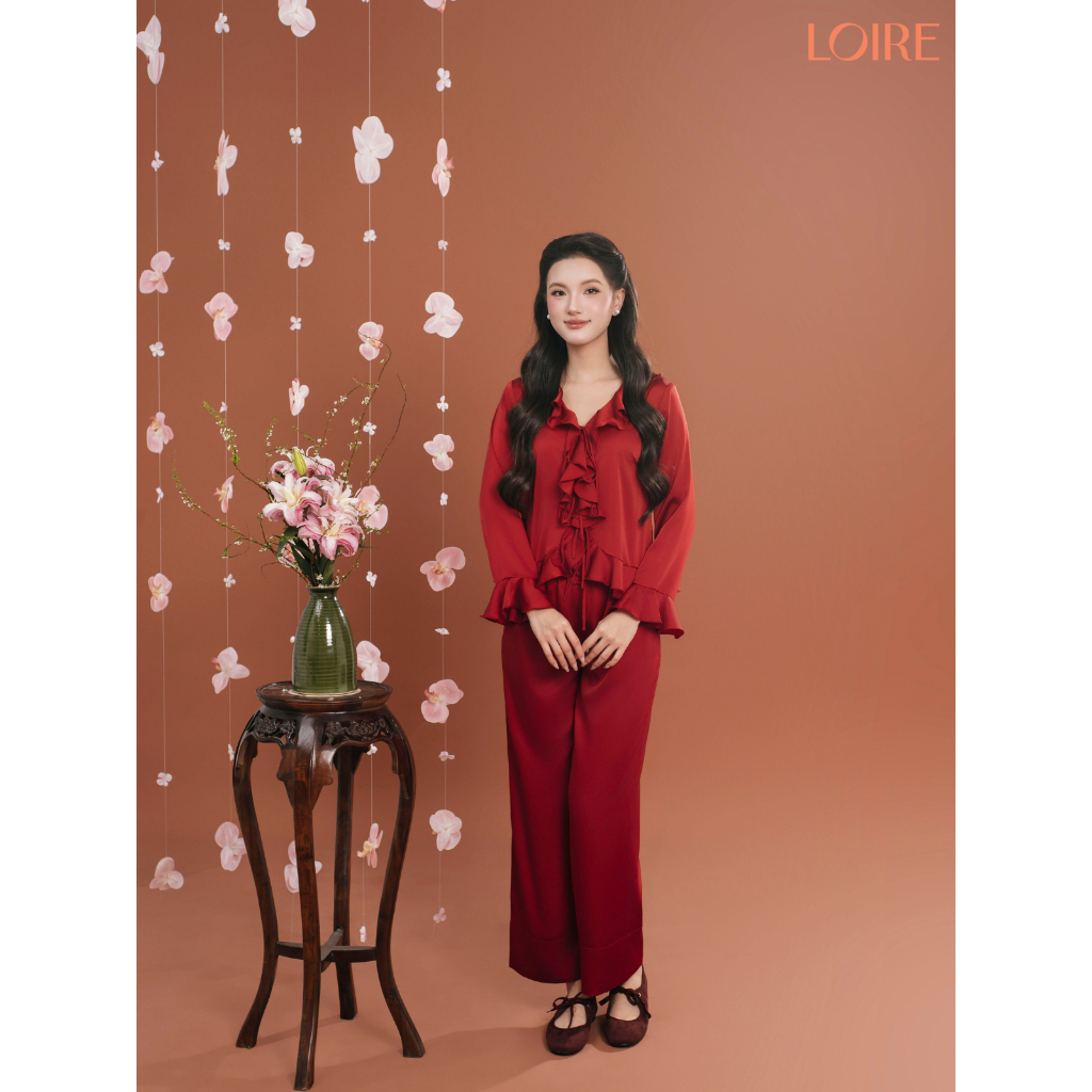 [AN ÊM]Bộ Mặc Nhà Hải Đường Loire FDMN250331 Lụa Pháp Cao Cấp Set Dài Tay Phối Bèo Nhún Thắt Nơ